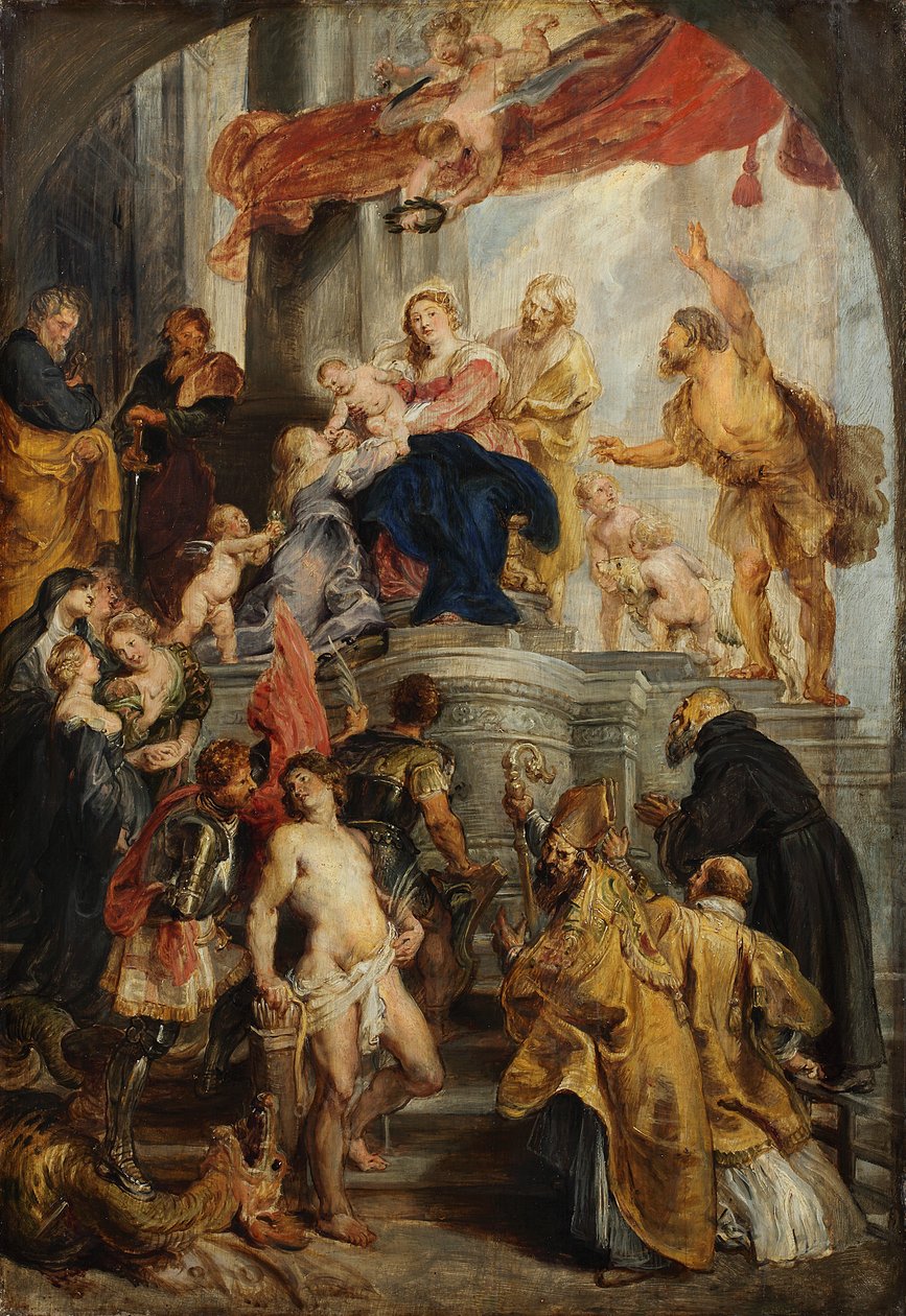 Maria på tronen med barnet og helgener av Peter Paul Rubens