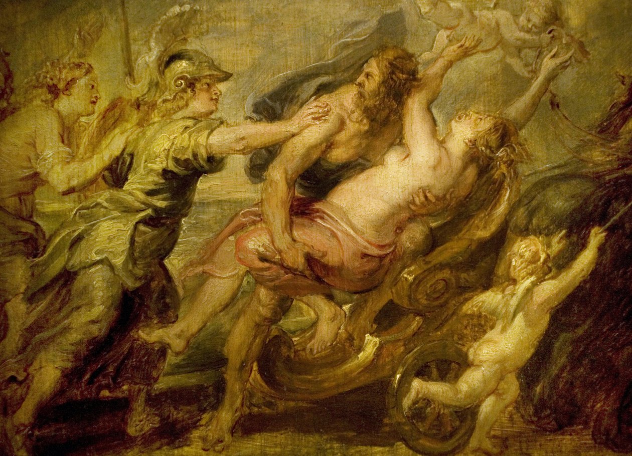 bortføringen av Proserpine rundt 1636, av Pierre Paul (Pierre-Paul) Rubens (eller Peter Paul eller Petrus Paulus) (1577-1640), Proserpine, årstidenes romerske gudinne, kidnappet av Pluto underverdenens gud for å gjøre henne til kone; Minerve, Venus og Dian av Peter Paul Rubens