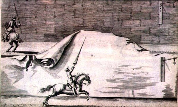 To kavalerister som trener med lanser fra 'New Treatise for Breeding Horses' skrevet av Winters, Stuterey og Reit-Schul, pub. 1672 (gravering) av Peter Paul Troschel