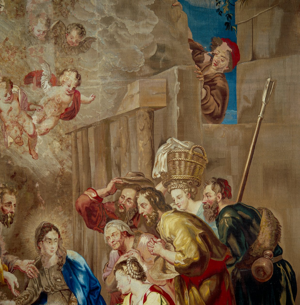Tilbedelse av Kristusbarnet, detalj av billedvev av den flamske skolen, ca. 1600-50 av Peter Paul after Rubens