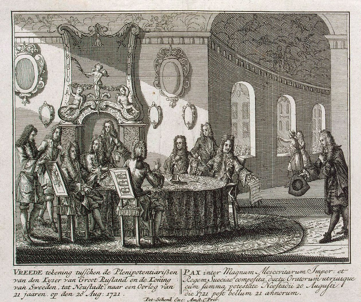 Konklusjon av fredstraktaten i Nystad 20. august 1721. av Peter Schenk the Younger