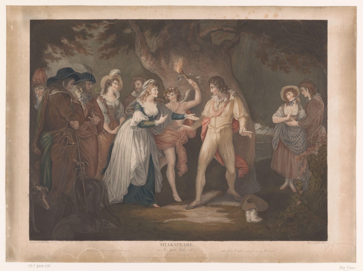 Rosalind viser Orlando i sitt eget hjem Shakespeare. Som du liker det (tittel på objekt) av Peter Simon