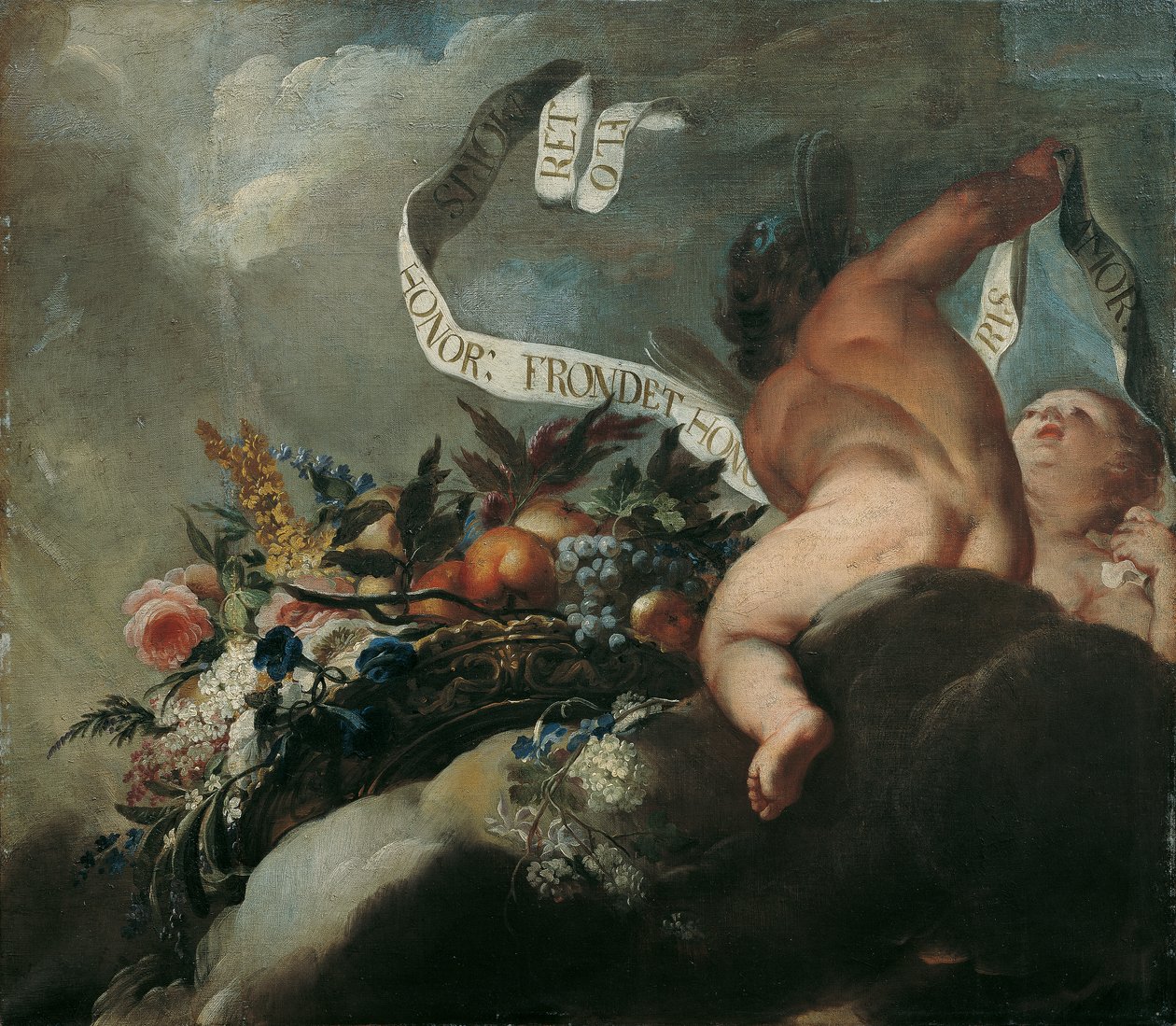 To putti med blomster, frukt og et banner av Peter Strudel
