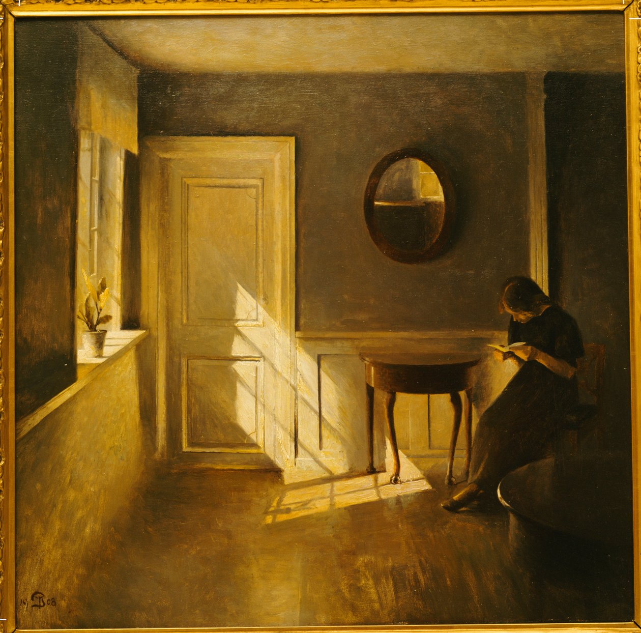 En jente som leser i et interiør (olje på lerret) av Peter Vilhelm Ilsted