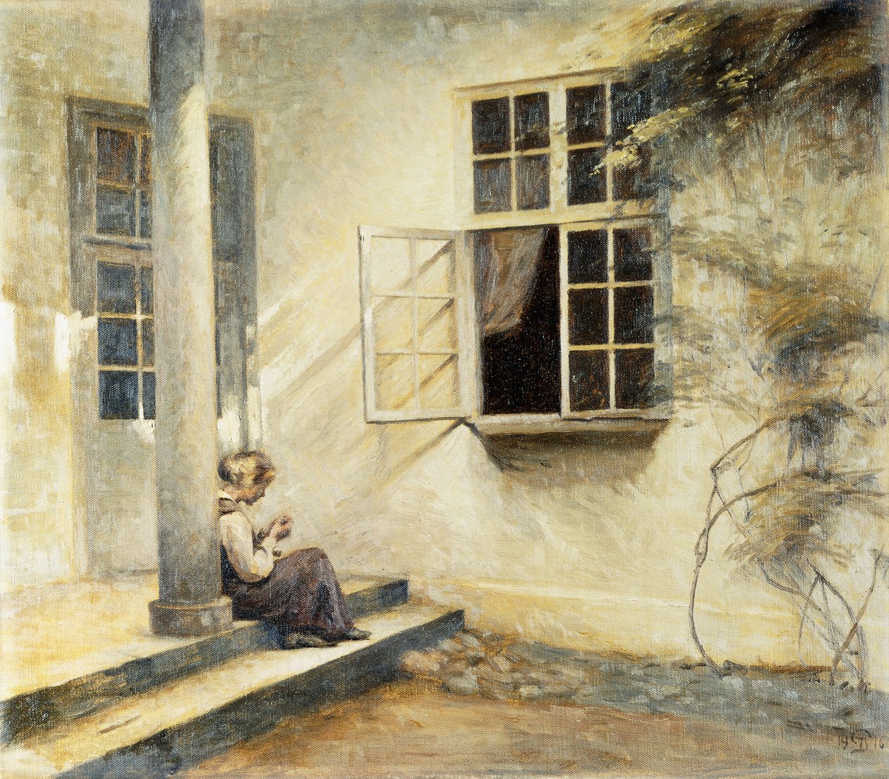 En jente som sitter på en veranda, Liselund av Peter Vilhelm Ilsted