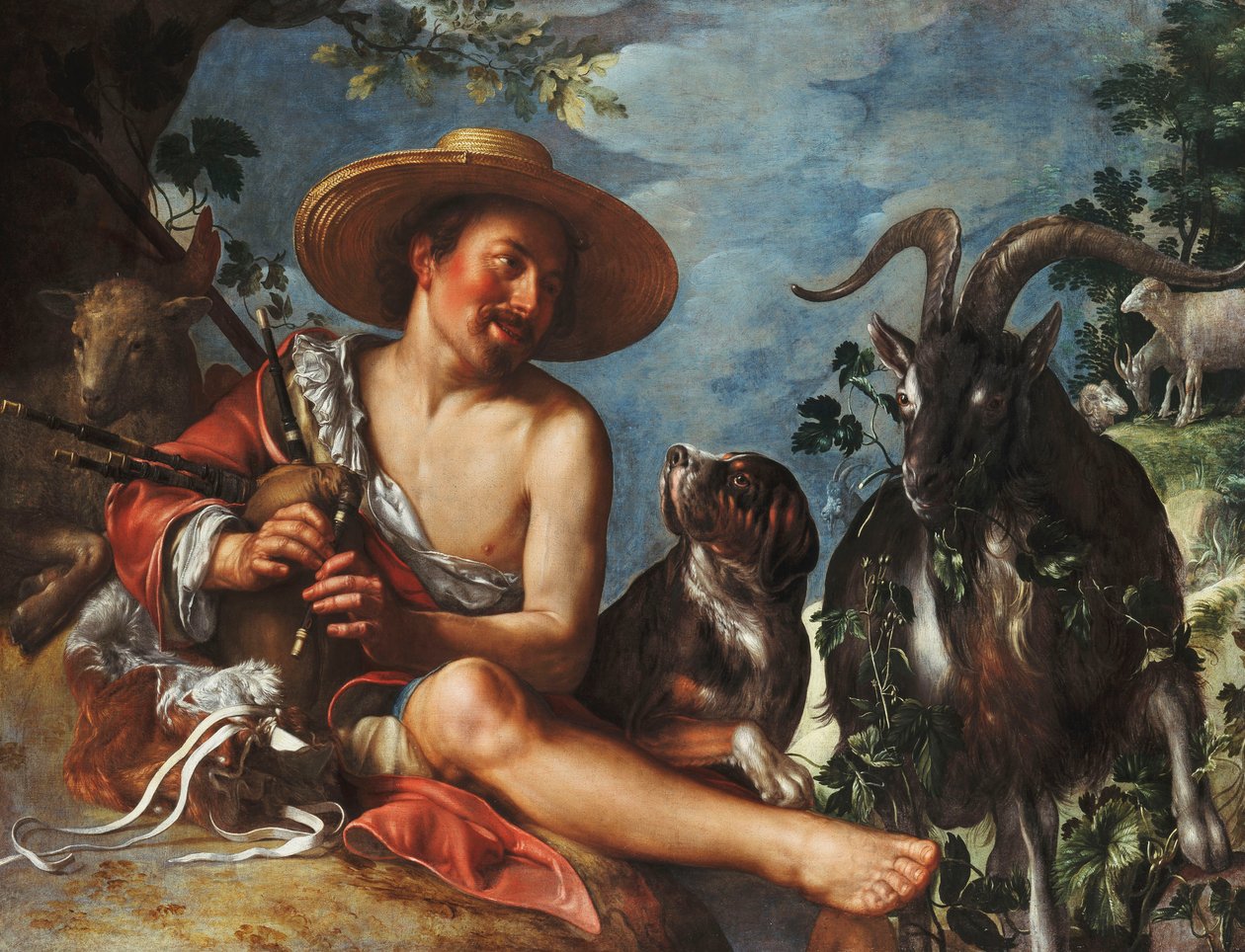 En hyrde i rør på en knaus, en hund og flokken hans i nærheten, av Peter Wtewael