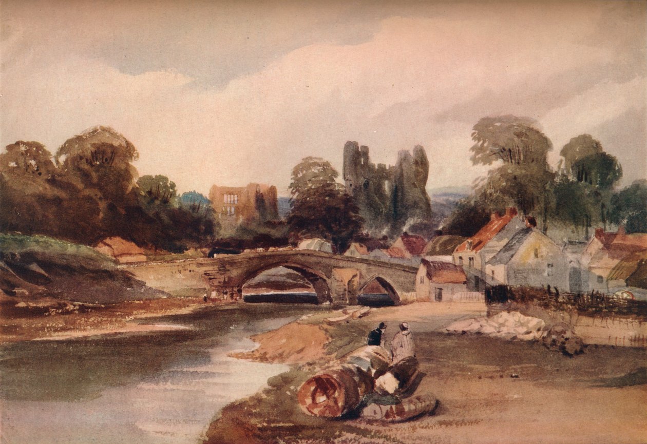 En landsby ved en elv, med bro og ruiner, c1824 av Peter de Wint