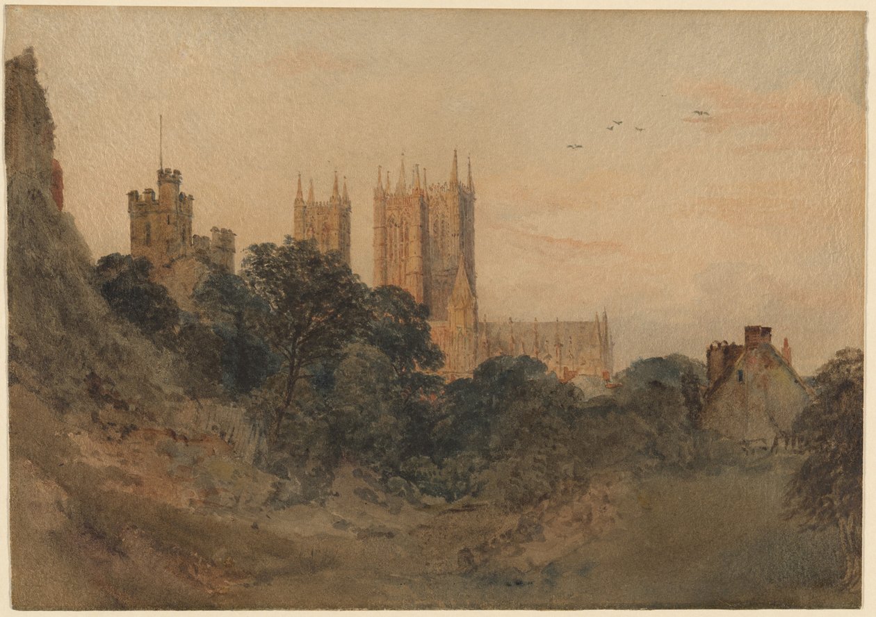 Lincoln Cathedral fra vollgraven ved slottet av Peter de Wint