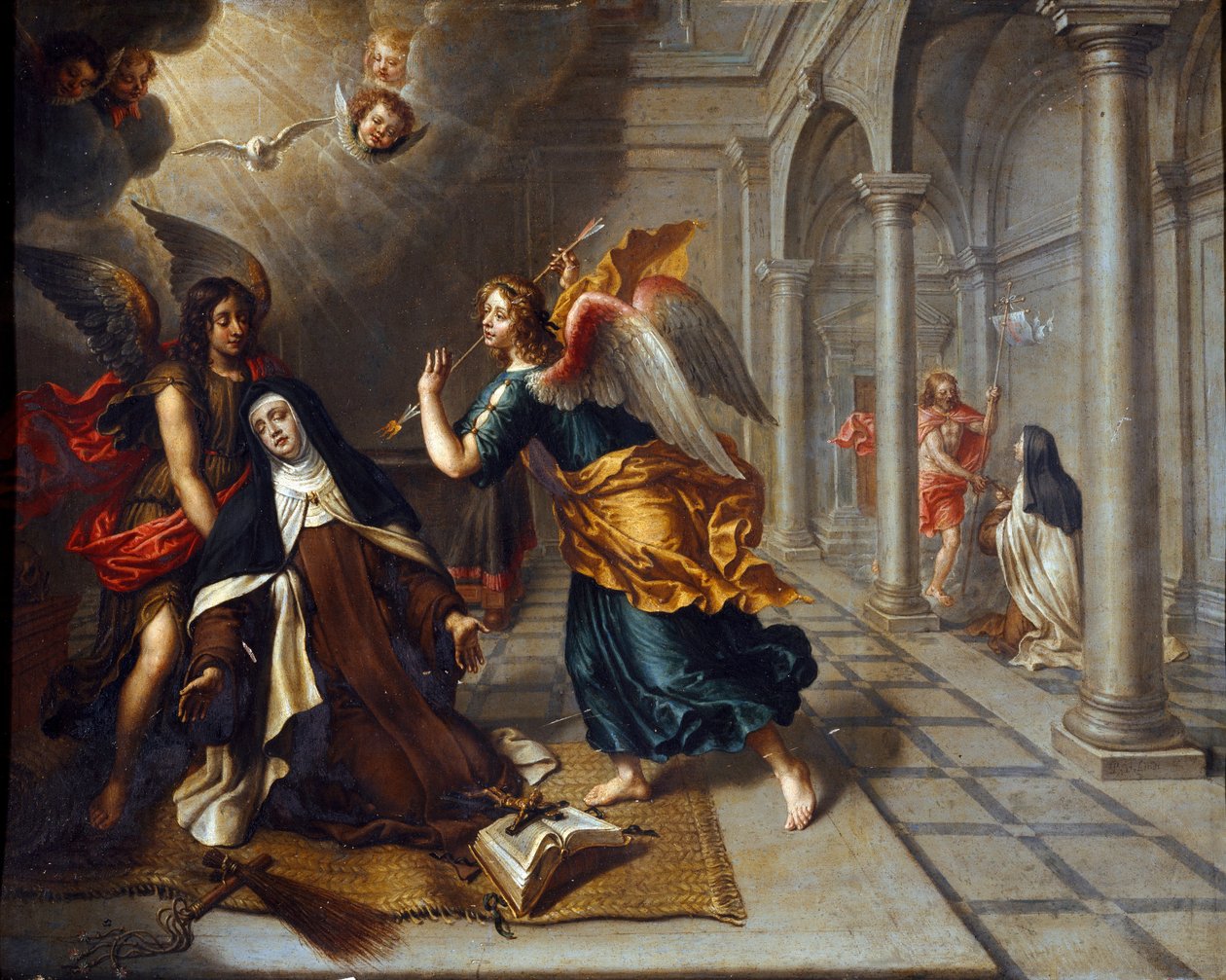 Den hellige Therese av Avila (av Jesusbarnet) (1515-1582) møter engelen som gjennomborer hjertet av sin gyldne darter Maleri av Peter Van Lindt (1600-tallet) Dim. 85x70 cm Genes, Galleria di Palazzo Bianco av Peter van Lint