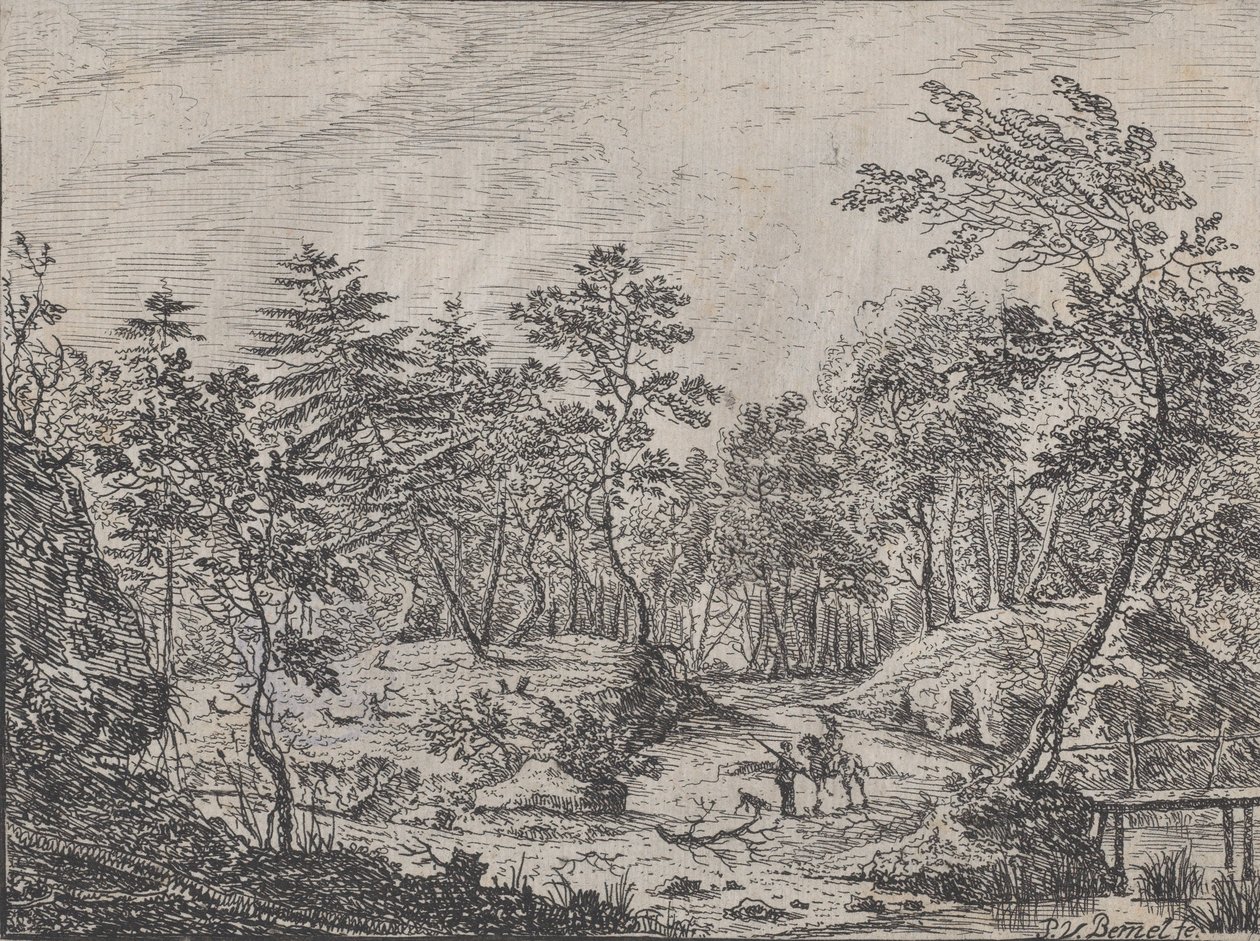Skoglandskap med en rytter som samtaler med en mann i midten, en gangbro til høyre, 1716. av Peter von Bemmel
