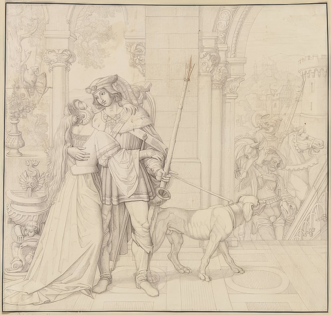 Sju tegninger på Nibelungene: 4. Siegfried forberedte seg på jakten. 1812-17 av Peter von Cornelius