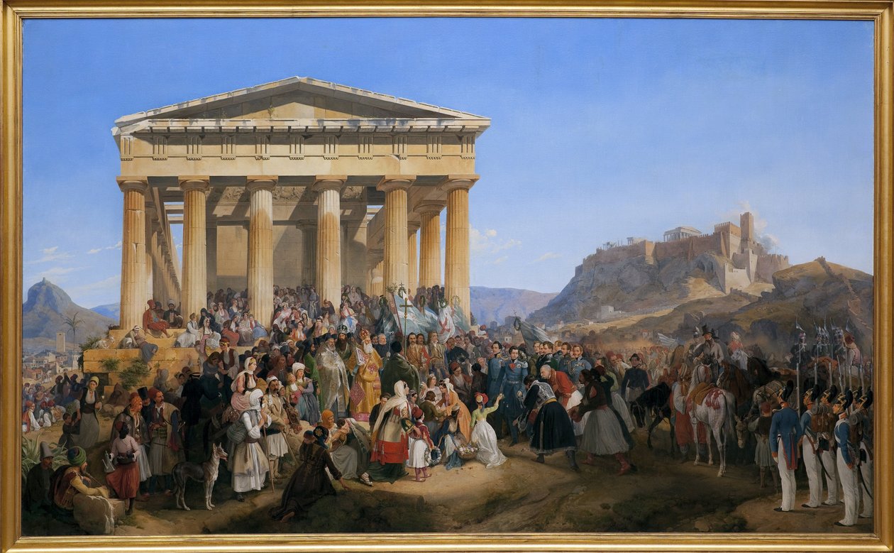 Inngangen til kong Othon I av Hellas (1815-1876) til Athen, ønsket velkommen av folkemengden foran tempelet til Hephaistos (Hephaisteion) (Hephaistos) eller Theseion på Agora (Hellas) av Peter von Hess