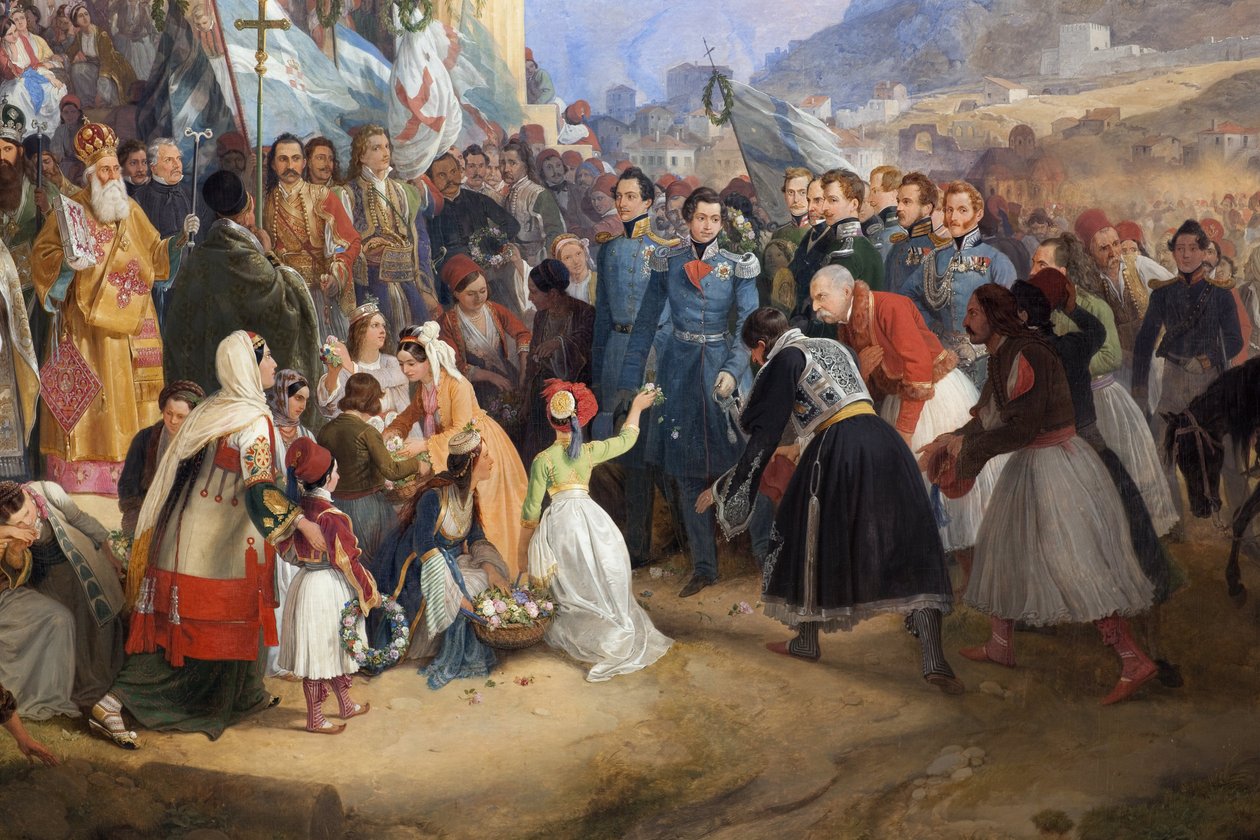 Inngangen til kong Othon I av Hellas (1815-1876) til Athen, ønsket velkommen av folkemengden foran tempelet til Hephaistos (Hephaisteion) (Hephaistos) eller Theseion på Agora (Hellas) av Peter von Hess