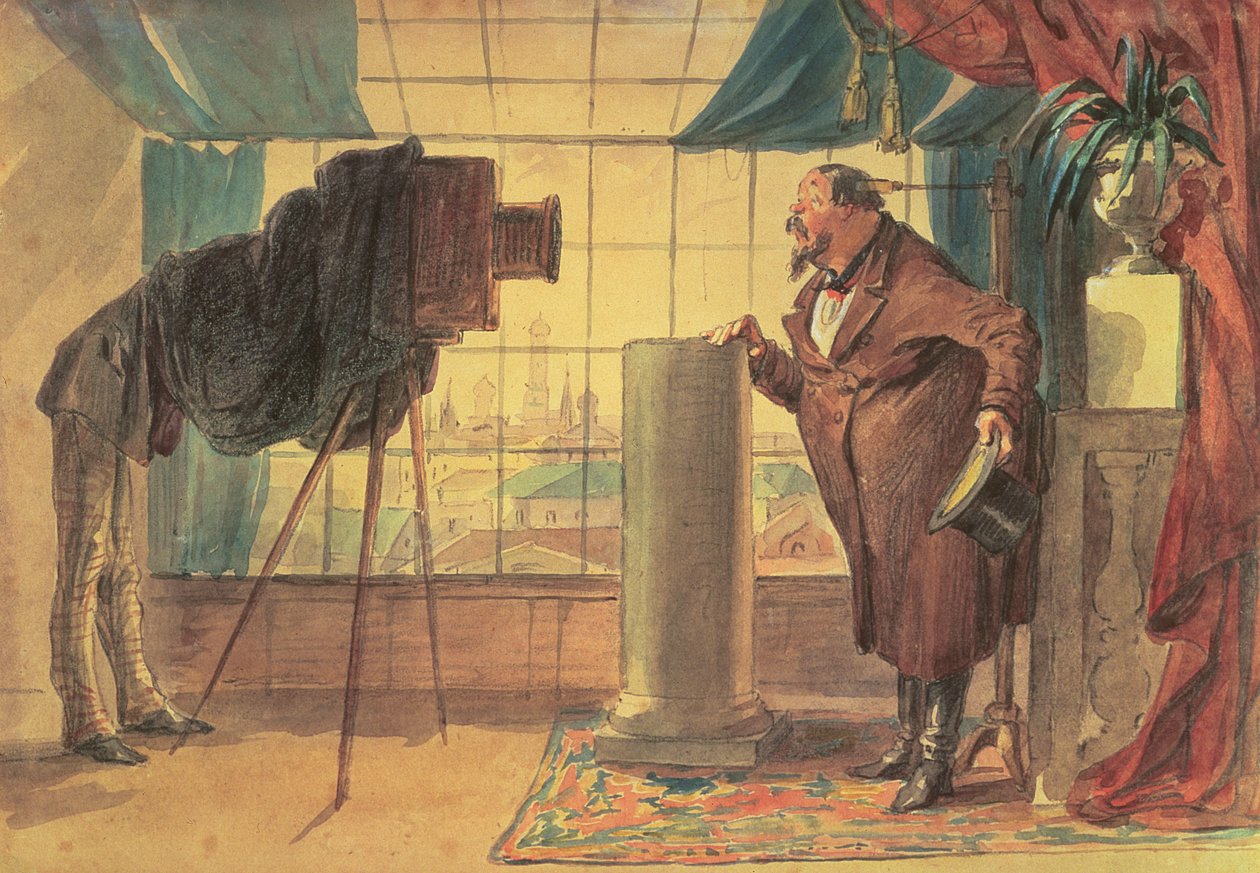 En forretningsmann ved Photographers Studio, 1860 (wc) av Petr Mikhailovich Shmelkov