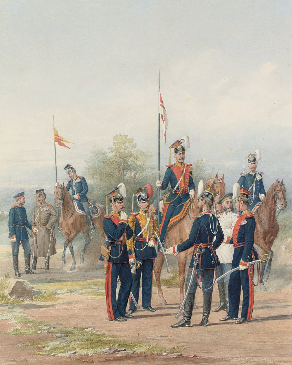 En gruppe offiserer og soldater fra Life Guard Lancer Regiments of His and Her Majesties, 1873 av Petr Balashov
