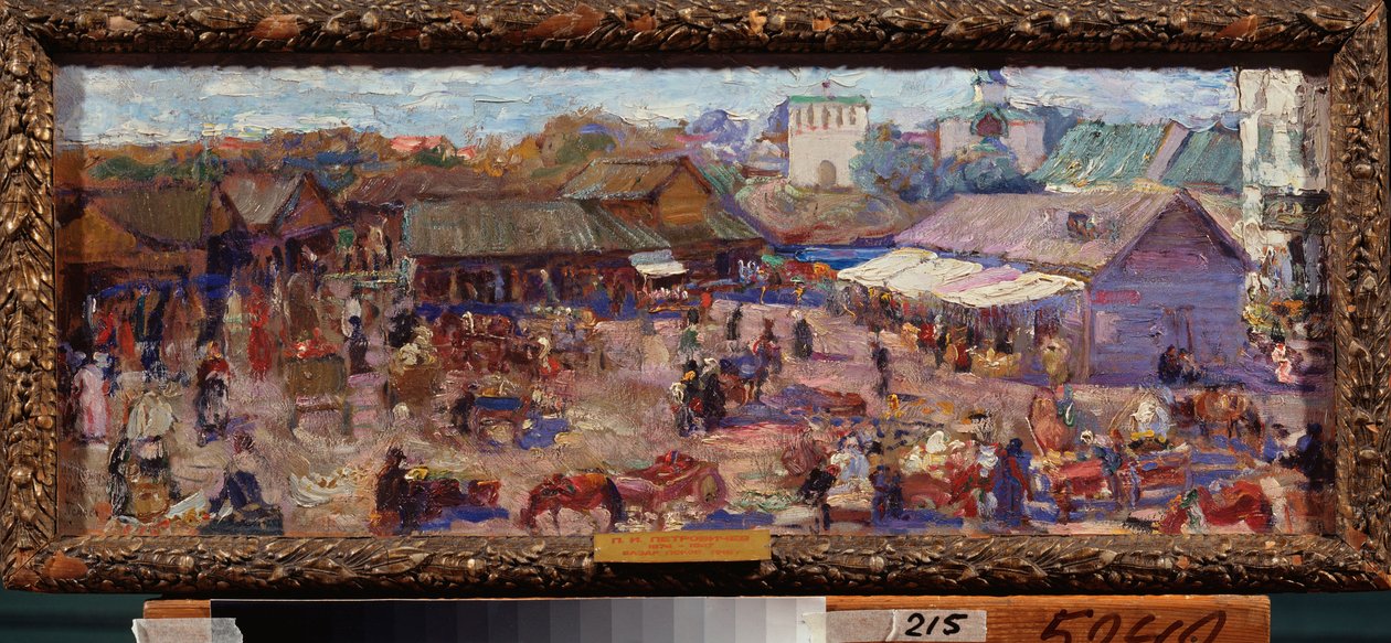 Le marche a Pskov (Russland). Oeuvre de Pyotr Ivanovich Petrovitchev (Piotr Petrovitchev) (1874-1947), huile sur kartong av Petr Ivanovic Petrovichev