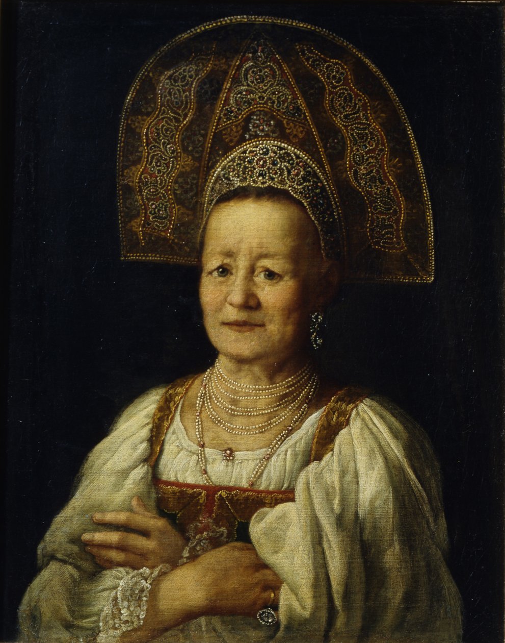 Portrait of a Merchant Woman in Kokoshnik, 1796   1199411   no       norwegian Successfully Translated  Original: Dames Phanariotes (population de marchands fortunes dorigine grecque, habitant le quartier Phanar de Constantinople) (Phanariot Greek Ladies)  av Petro Semyonovich Drozhdin