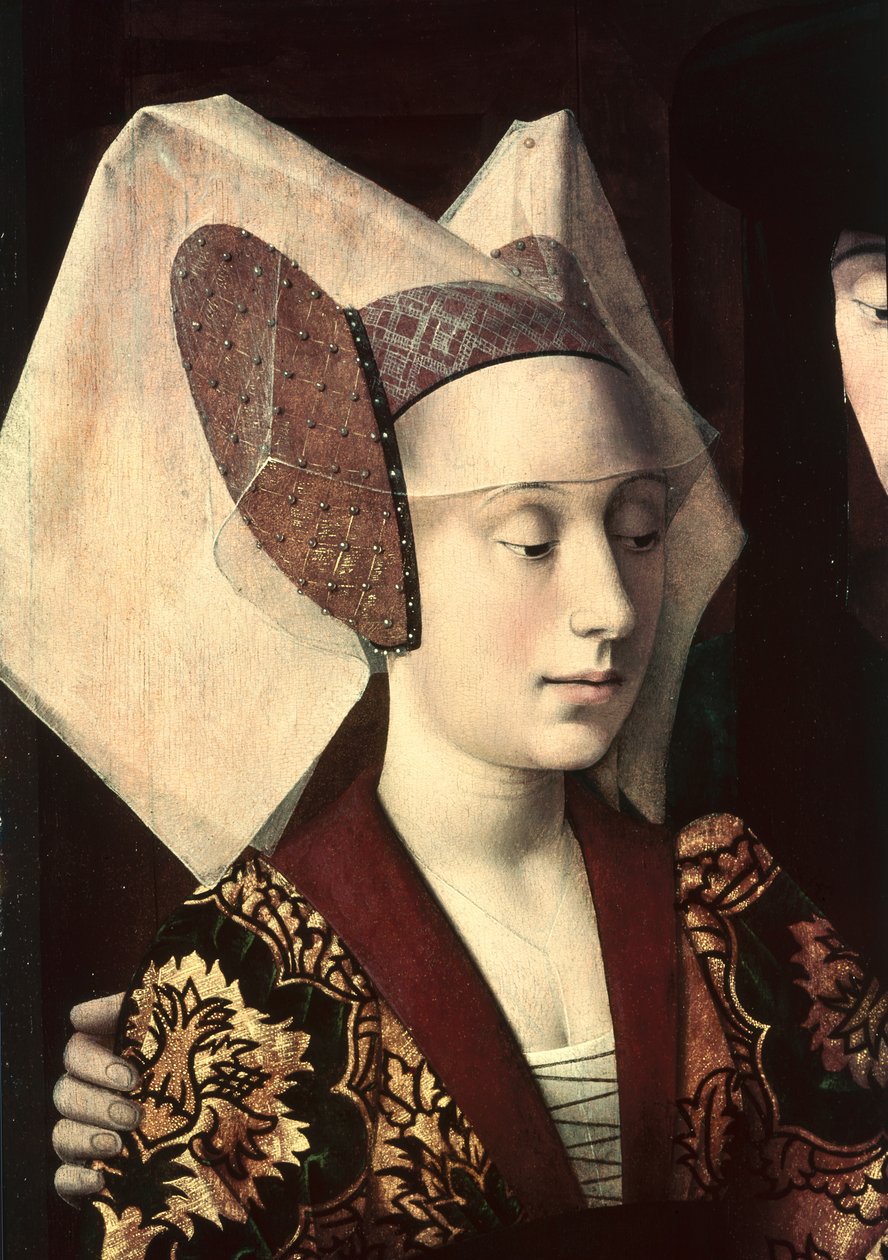 St. Eligius (ca. 588-660) som en gullsmed som viser en ring til det forlovede paret, detalj av forloveden, 1449 av Petrus Christus