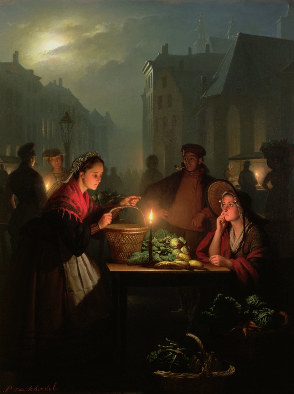 En grønnsaksbod om natten av Petrus van Schendel