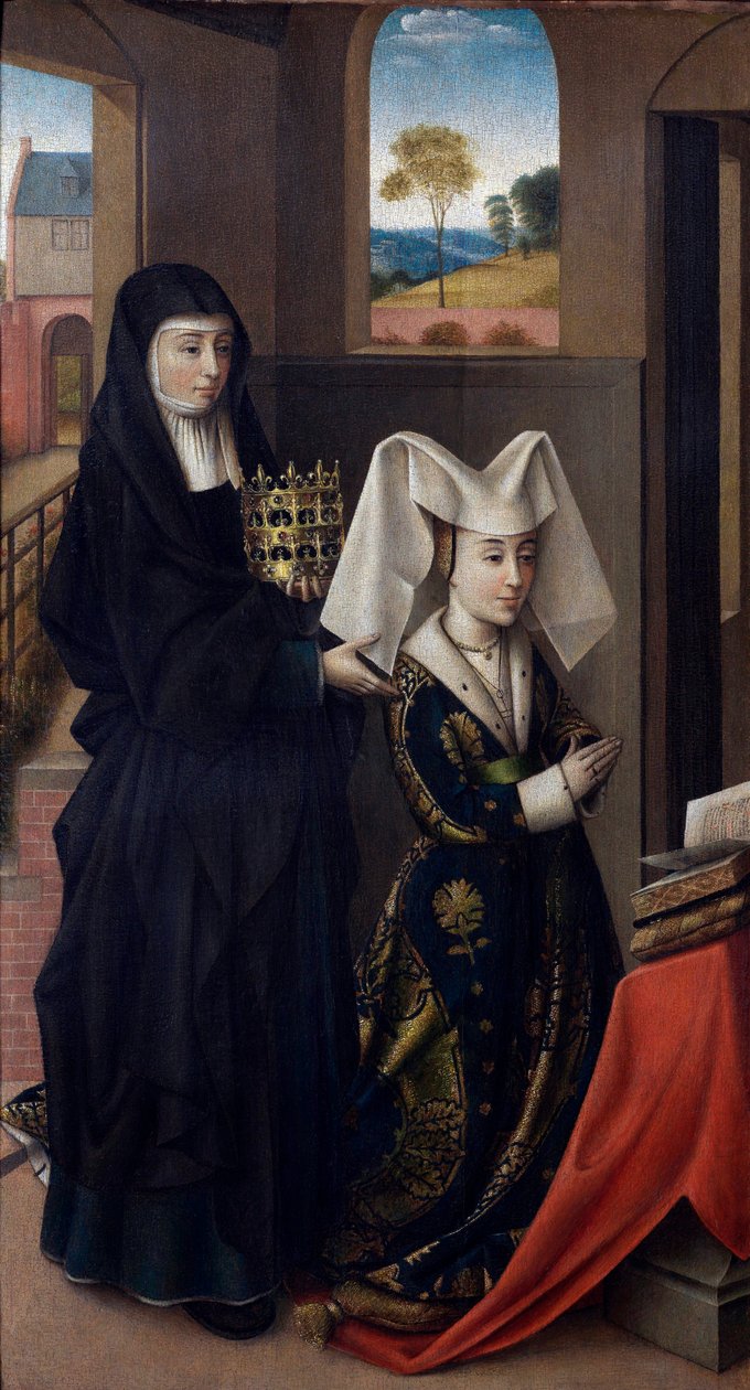 ""Portrett av Isabella av Portugal (1397-1471) representert med Saint Elizabeth"" (Isabel av Portugal med Saint Elizabeth) Maleri av Petrus Christus (1410/20-1475/76) - 1457-1460 - Olje på tre Dim 59x33 cm Groeningemuseum, Brugge av Petrus Christus