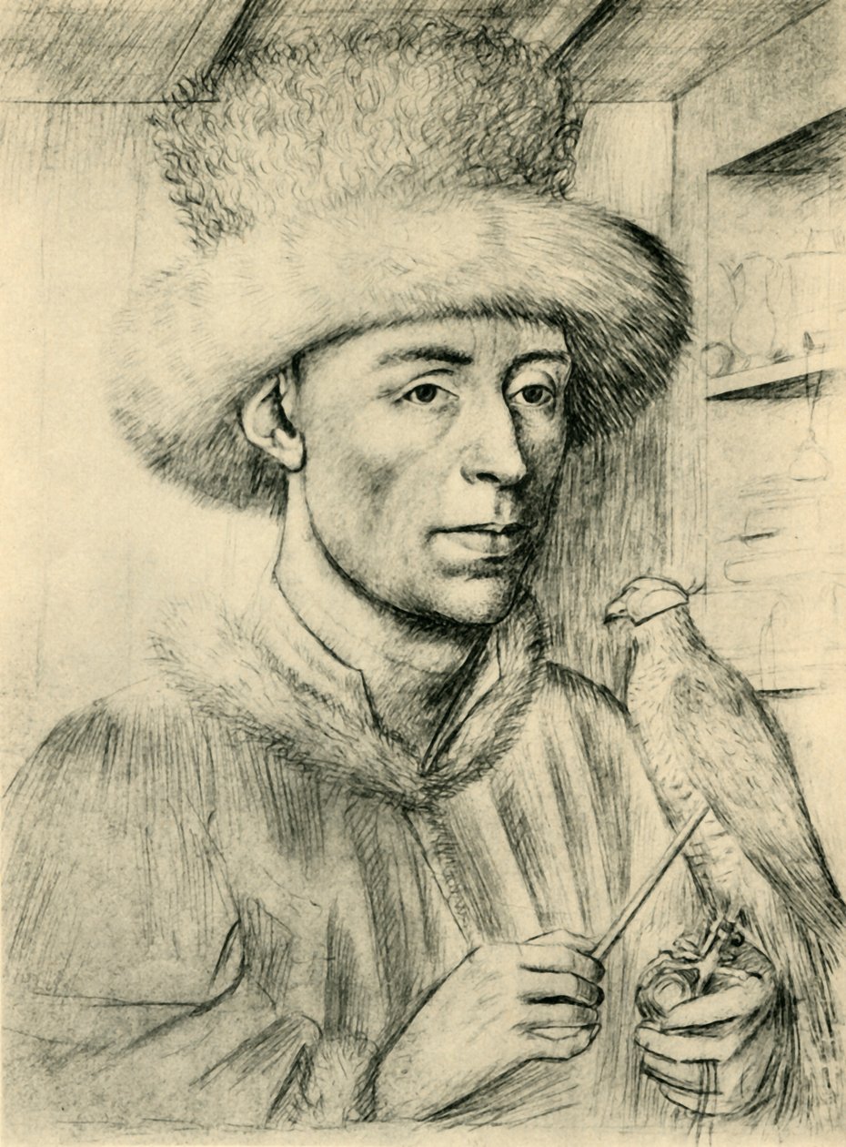 Portrett av en mann med en falk, c1447, 1943. av Petrus Christus