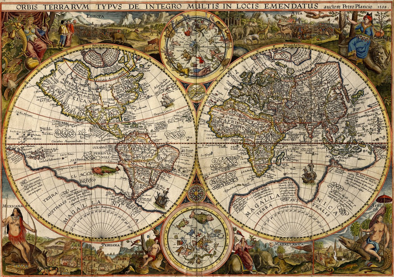 Orbis Terrarum Typus... (dobbelt hemisfærisk verdenskart) av Petrus & Doetichum Jan van younger Plancius
