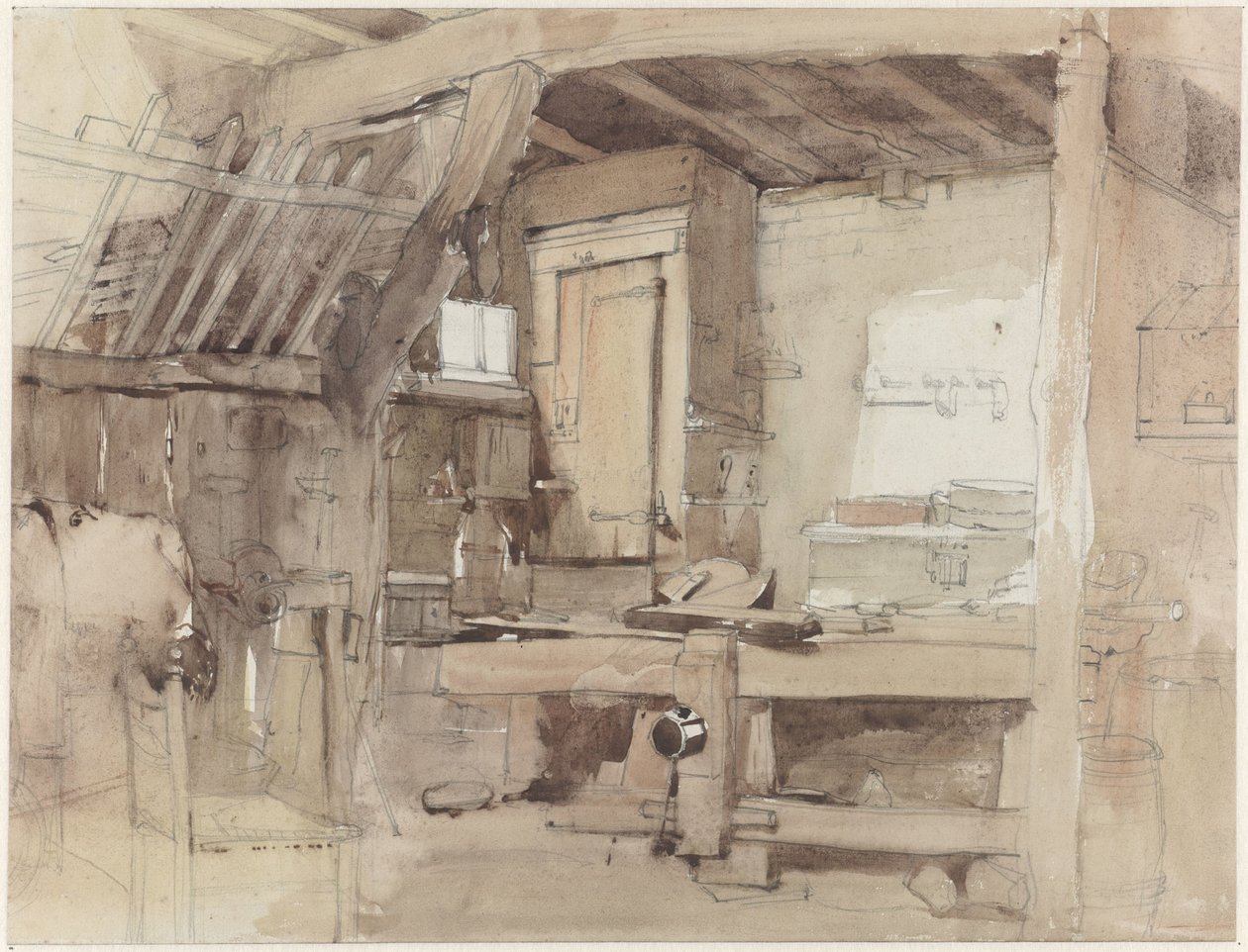 Hjørne av snekkerverkstedet til Klingelbeek-huset i Oosterbeek av Petrus Franciscus Greive