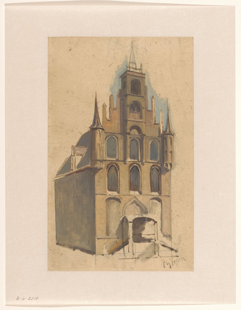 Design for en bygning i sengotisk stil med trappegavl og tinder av Petrus Gerardus Vertin