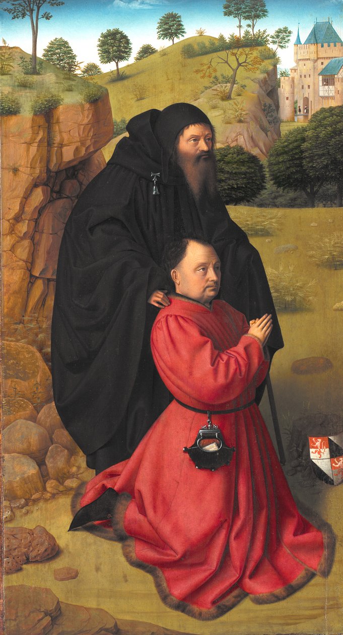 Alterpanel med et portrett av en donor i Scarlet under beskyttelse av St. Anthony av Petrus I Christus