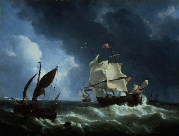 Nederlandsk fregatt kommer til anker i en storm (olje på panel) av Petrus Johann Schotel