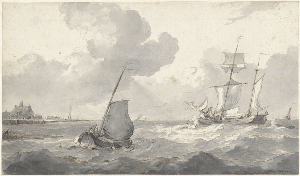 To-mastet og fiskebåt utenfor kysten av Petrus Johannes Schotel