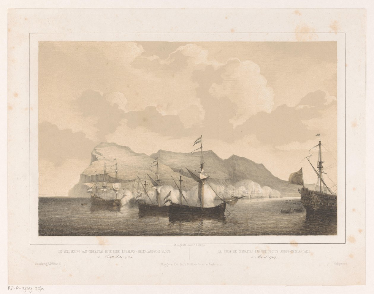 Erobringen av Gibraltar Erobringen av Gibraltar av den anglo-nederlandske flåten 3. august 1704 / La prize de Gibraltar par un flotte Anglo-Neerlandaise (tittel på objekt) av Petrus Johannes Schotel