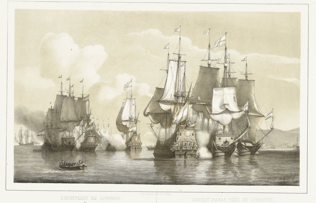 Sjøslaget ved Livorno, 1653 Sjøslag ved Livorno. 14. mars 1653 / Combat naval près de Livourne. 14 mars 1653 (tittel på objekt) av Petrus Johannes Schotel