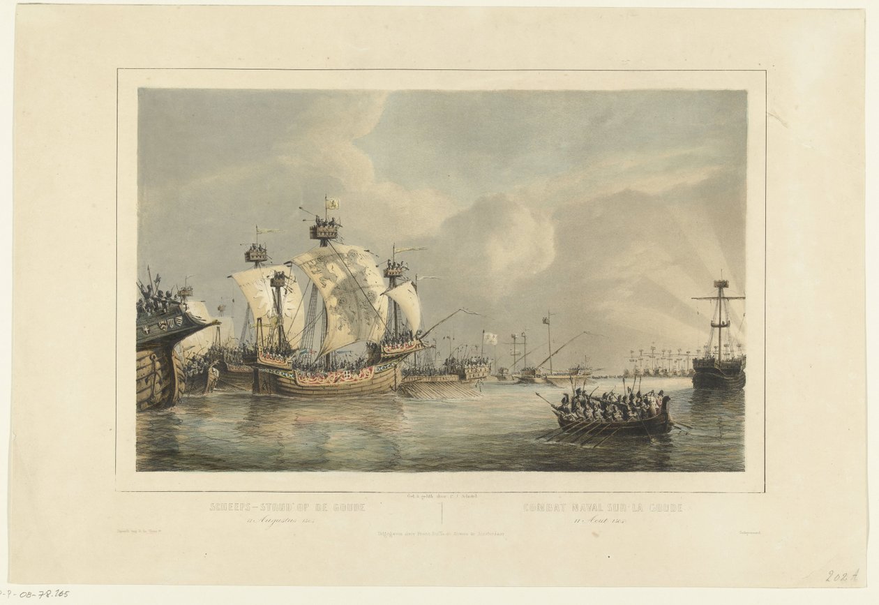 Slaget ved Gouwe, 1304 Sjøslag på Gouwe 11. august 1304 / Combat naval sur la Goude 11 Aout 1304 (tittel på objekt) av Petrus Johannes Schotel