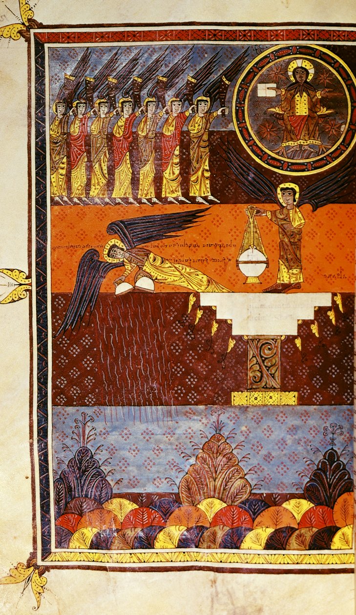 f.126 Syv engler med trompeter, fra Beatus Apocalypse fra Santo Domingo de Silos av Petrus Petrus