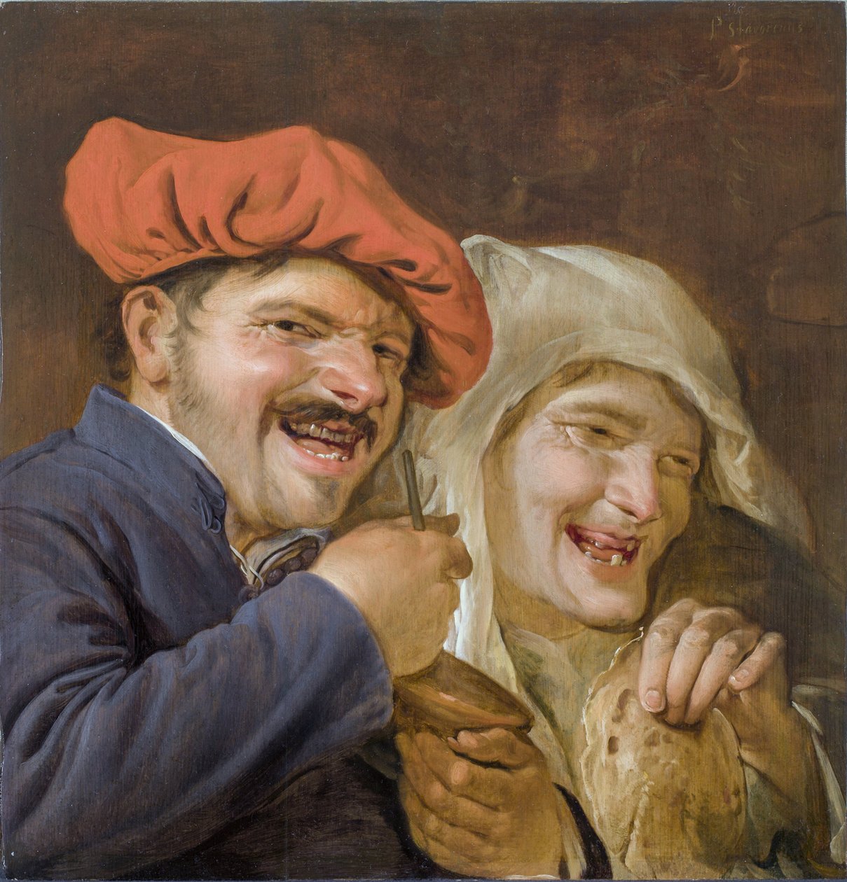 Rommelpot Player (Friction Drum) - Rommelpot Player av Staverenus, Petrus (aktiv 1634-1654). olje på tre av Petrus Staverenus