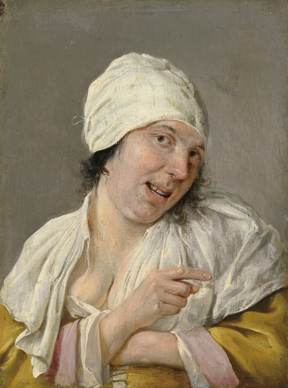 Syn: En ung kvinne peker. Fra serien Personifications of the Five Senses, ca. 1635-66 (olje på tre) av Petrus Staverenus
