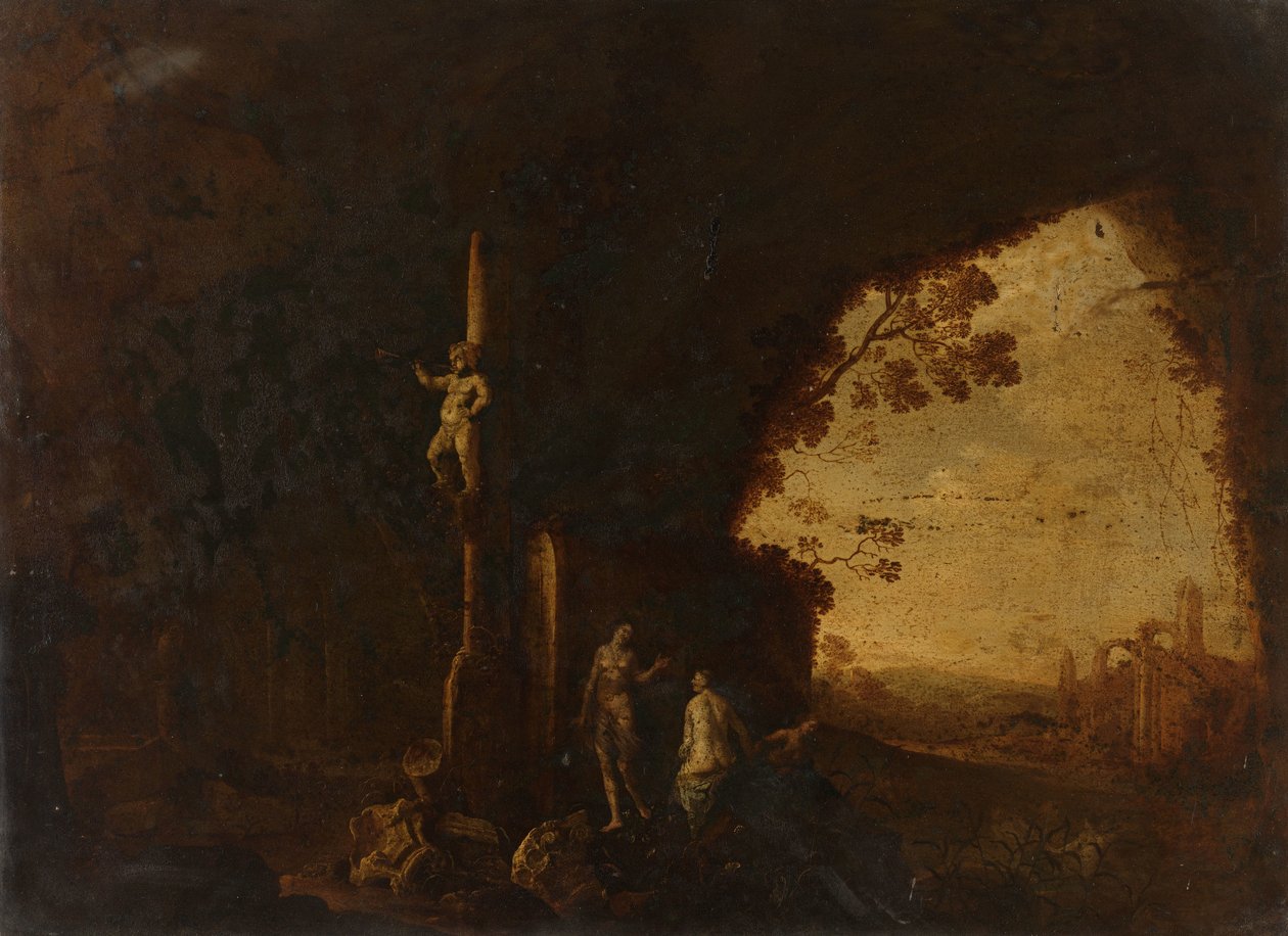 Nymfer i en hule med antikke ruiner av Petrus van Hattich