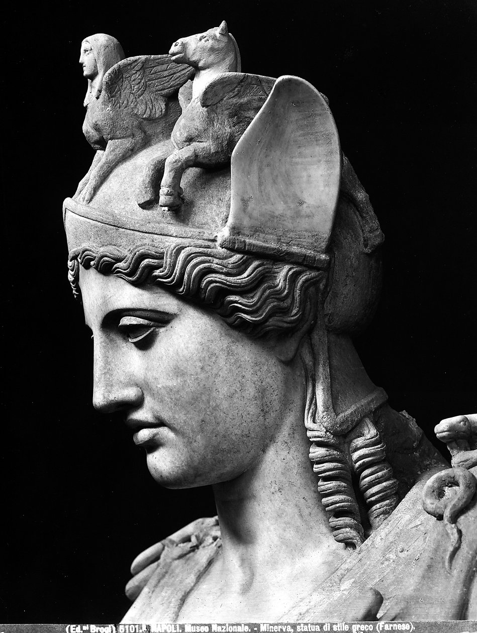Detalj av ansiktet til Athena Farnese, romersk keiserlig kopi av en bronsestatue fra School of Phidias av Phidias (school of) (after)