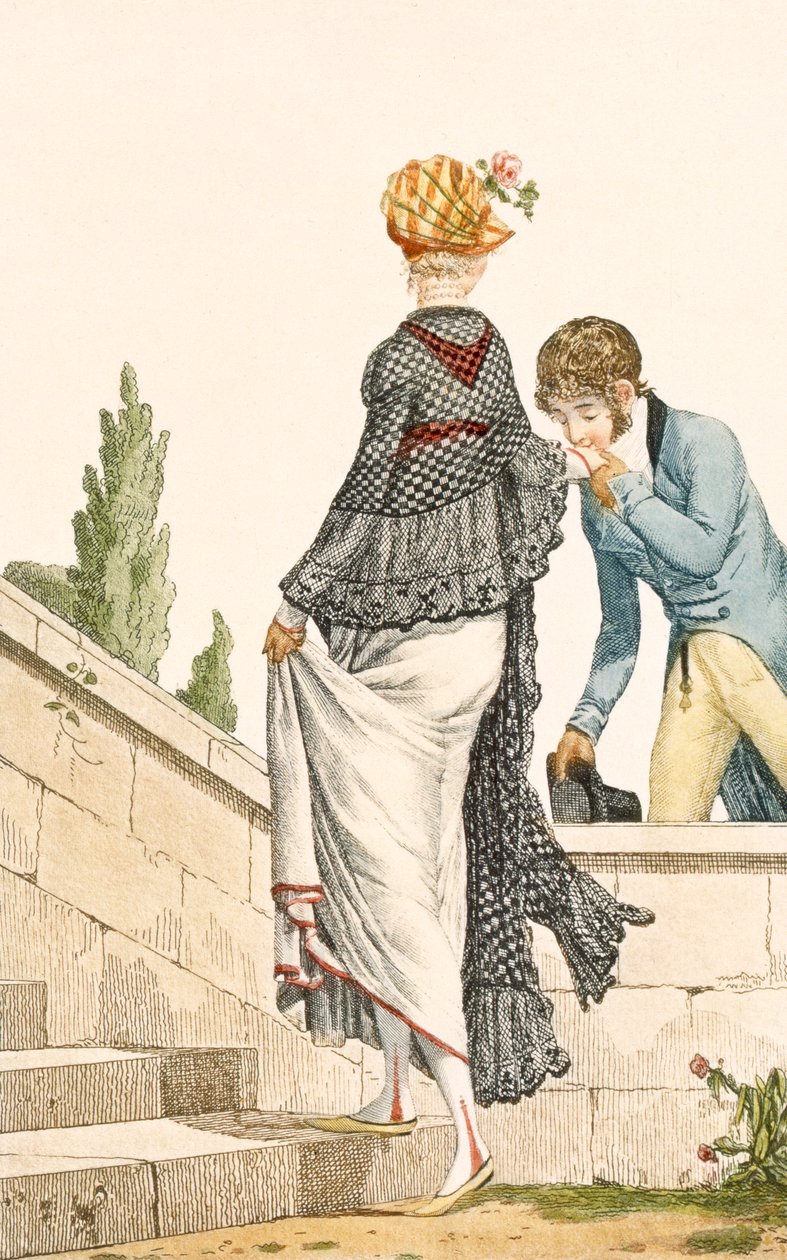 Elegant dames gåkjole med rutete kappe, 1789, illustrasjon fra 