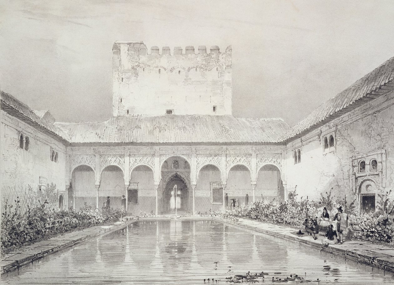 Basseng og fontene i gårdsplassen til Alberca, Alhambra, plate 21 fra 