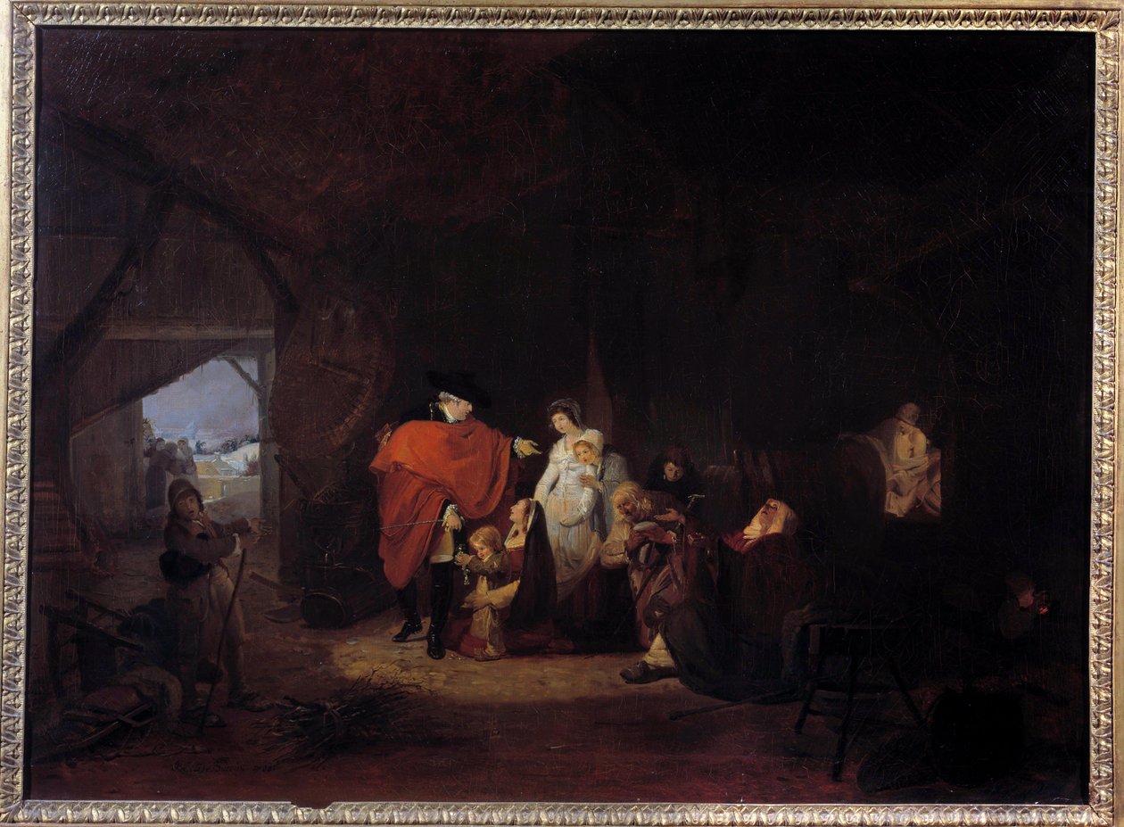 Menneskelighetstrekk ved Louis XVI: vinteren 1784 gir kongen almonen til innbyggerne i Versailles Maleri av Louis Philibert Debucourt (1755-1832) 1785 Søn. 0,61x0,83 m av Philibert Louis Debucourt