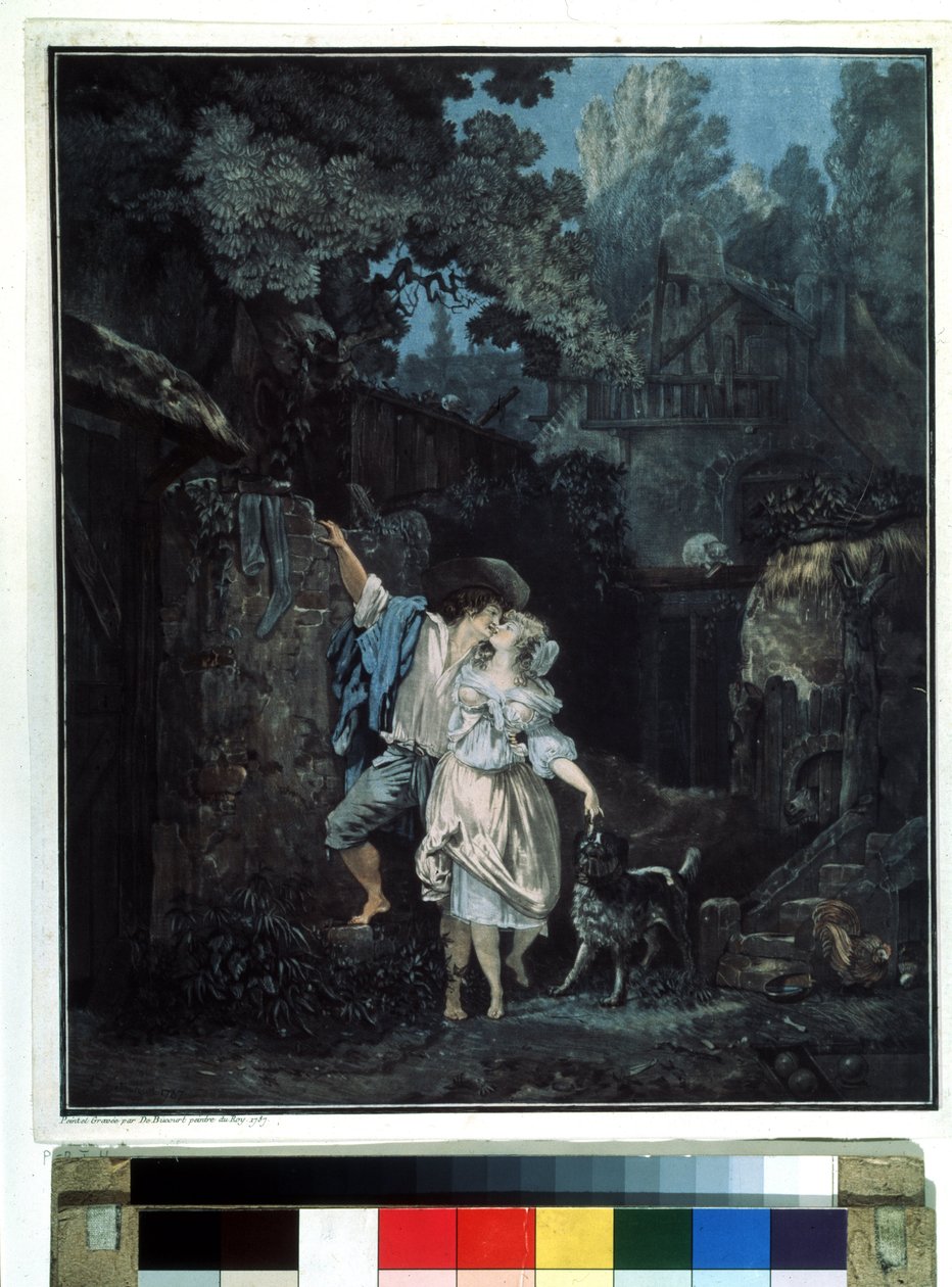 ""Farvel morgen"" (Farvel morgen) Et par drar tidlig om morgenen. Litografi av Philibert Louis Debucourt (1755-1832) 1787 Pushkin Museum Moskva av Philibert Louis Debucourt
