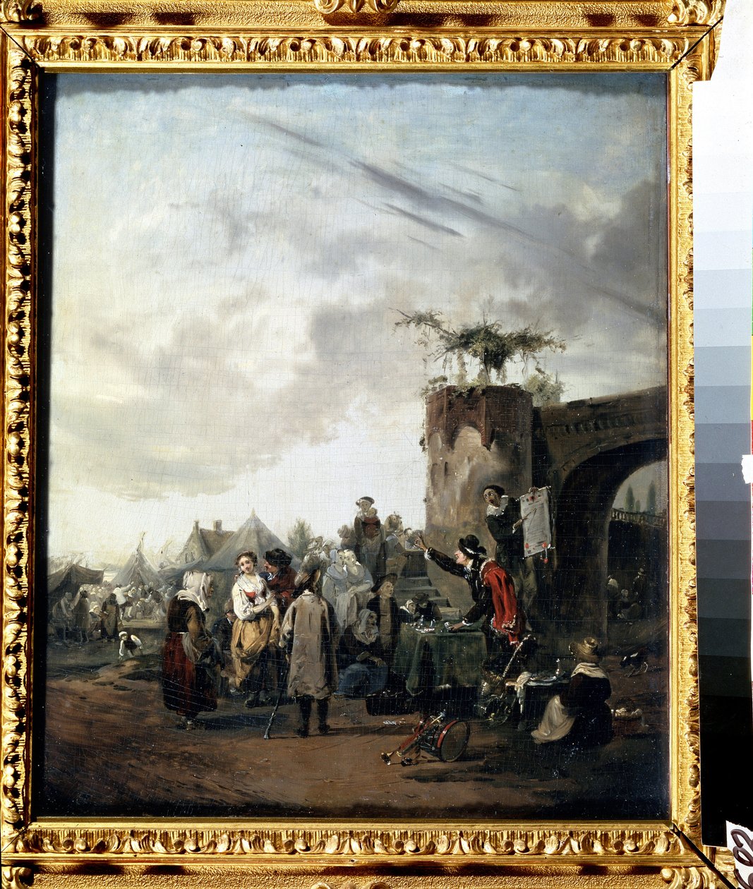 ""Sjarlatanen"" En bedrager installert på et landsbytorg oppfordrer innbyggerne til å kjøpe mirakelpiller. Maleri av Philibert Louis Debucourt (1755-1832) rundt 1780 Pushkin Museum Moskva av Philibert Louis Debucourt