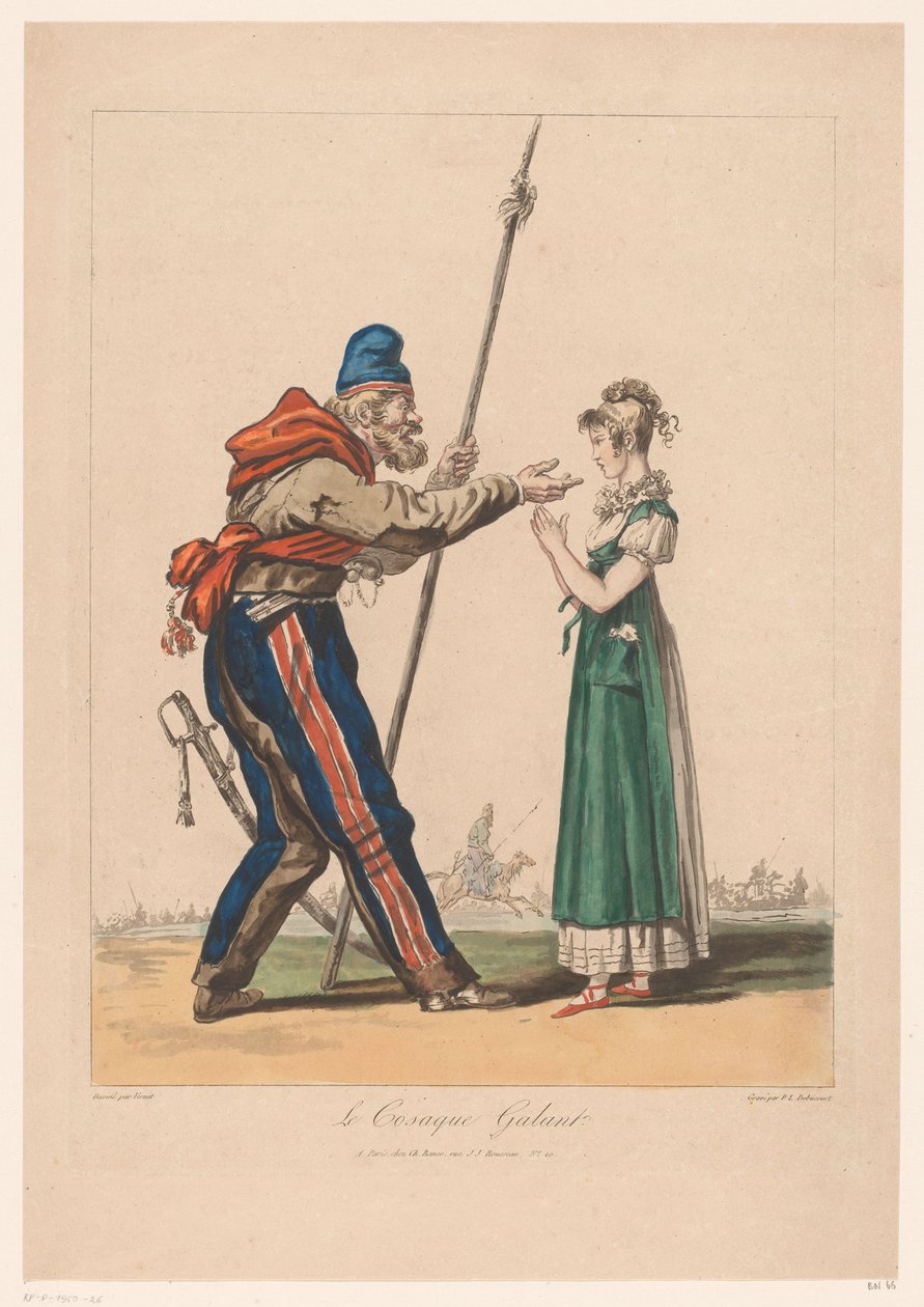 Meisje setter Kozak Den galante kosakken. (tittel på objekt) Kostuumprenten van Debucourt (serietittel) Samling av kostymer hentet fra naturen (serietittel) av Philibert Louis Debucourt