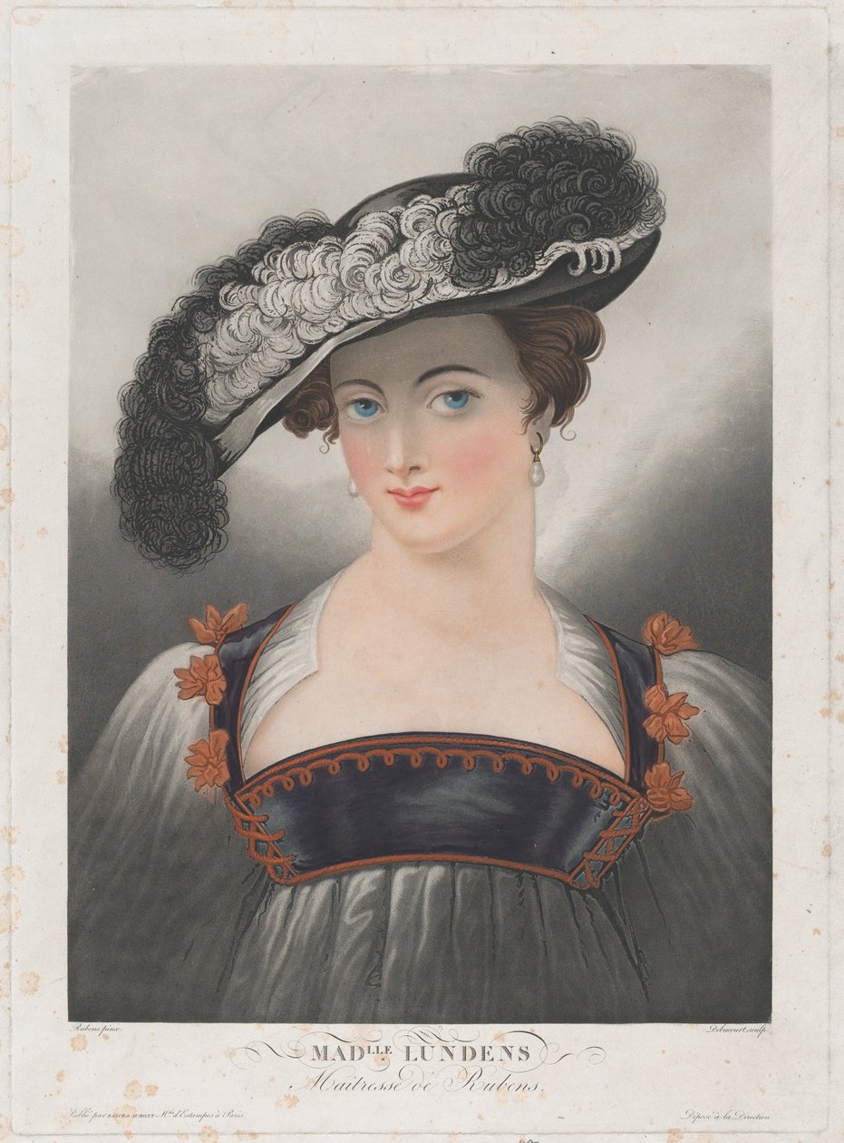 Portrett av Susanna Lunden, iført bredbremmet hatt med fjær, ca. 1809-35.. av Philibert Louis Debucourt