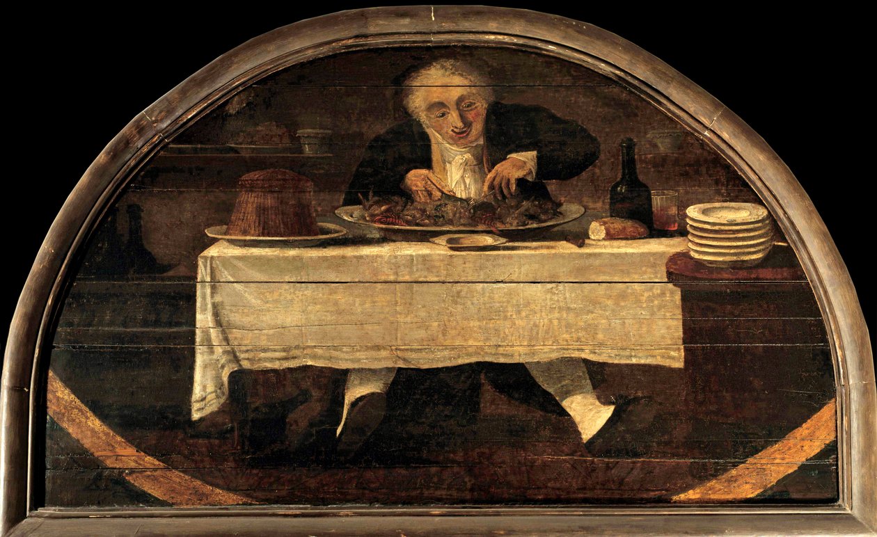 Gourmanden lærer Corcellet dagligvarer en gang i det kongelige palasset. En mann som kan mage en tallerken med skalldyr og sjømat. Maleri av Louis Philibert Debucourt (1755-1832) av Philibert Louis Debucourt