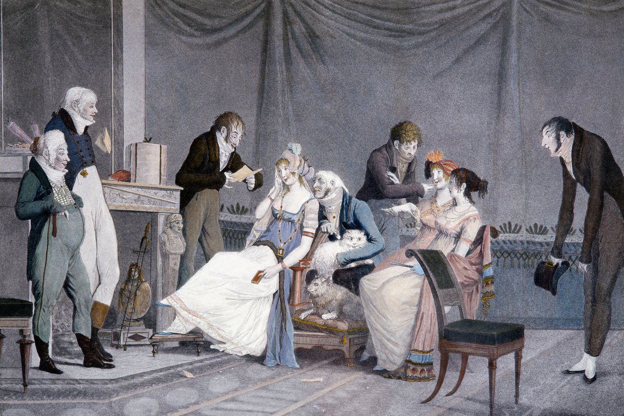 Besøkene, av Louis-Philibert Debucourt (1755-1832), aquatint, scene med etruskisk inspirerte Directoire-stilmøbler, Frankrike av Philibert Louis Debucourt
