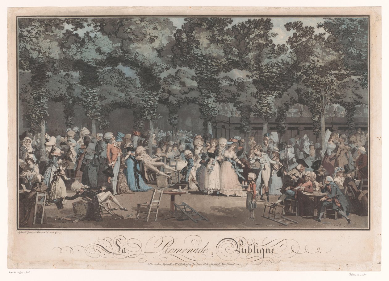 Å se og bli sett Elegant selskap i Jardin du Palais Royal i Paris La Promenade Publique (tittel på objekt) av Philibert Louis Debucourt