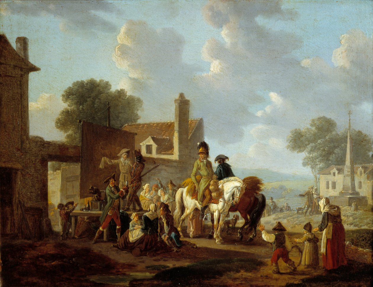 Landsbyboere og ryttere ser på pantomimeteateret i gatene i en landsby. Maleri av Louis Philibert Debucourt (1755-1832) 1700-tallets søn. 0,24x0,31 m av Philibert Louis Debucourt
